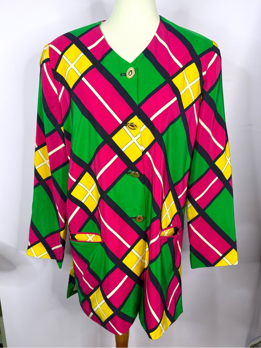 Vintage 90's Pink, Green, Yellow, & Navy Large Plaid Print Blazer